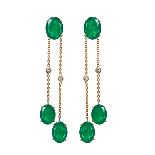 Oval Emerald and Diamond Chain Earrings