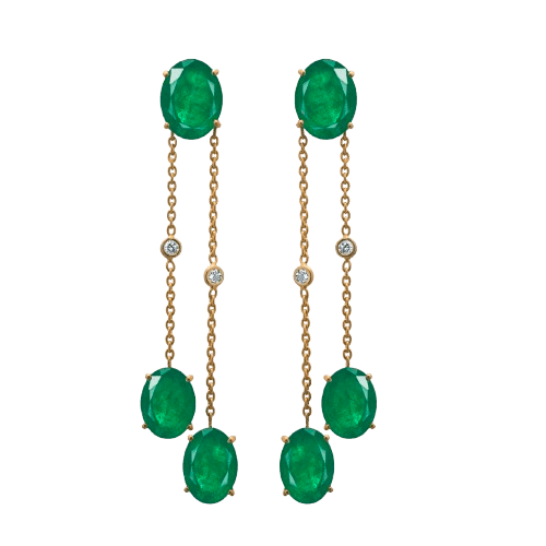 Oval Emerald and Diamond Chain Earrings