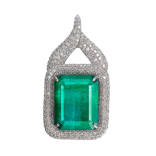 Large Rectangular Emeralds Pendant with Pave Diamond