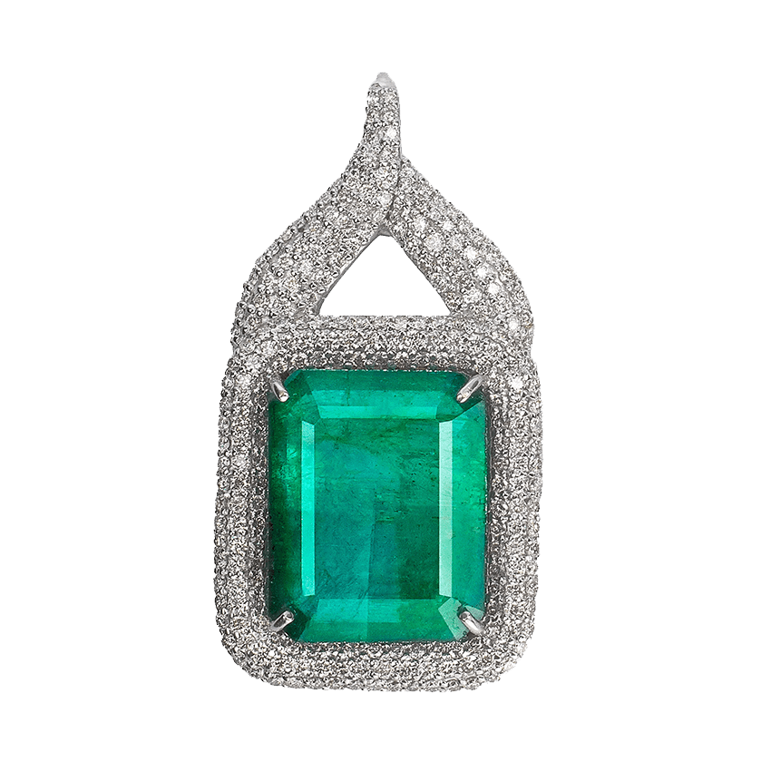 Large Rectangular Emeralds Pendant with Pave Diamond