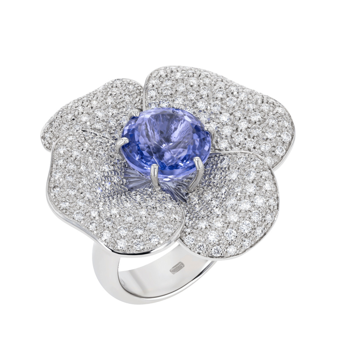 Large Tanzanite and pave diamond flower ring