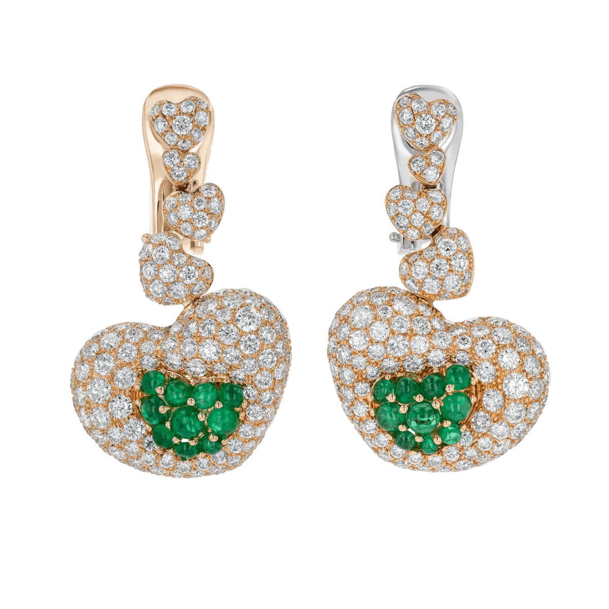 Yellow gold white diamond pave earrings with cabochon emeralds