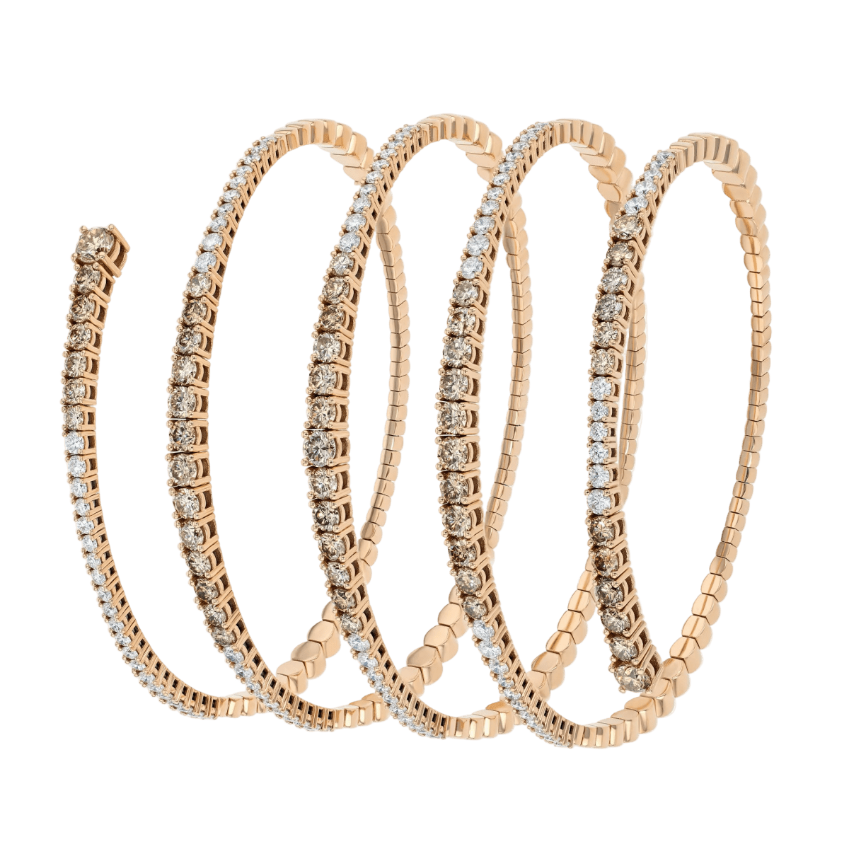 Yellow gold and champagne diamond five coil bracelet