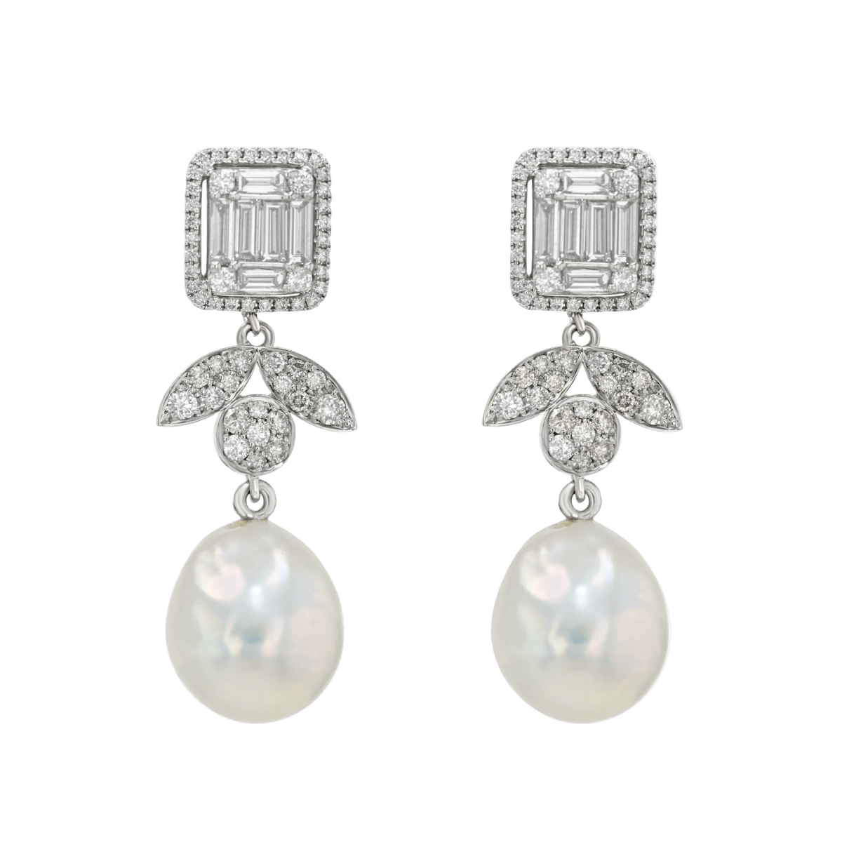 White diamond invisible earrings, with three leaf motives with South sea pearls