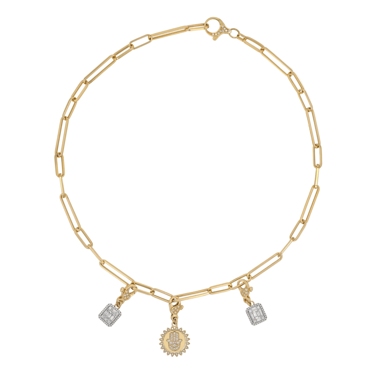 Link necklace with the hands of Hamza pendant and double pendant of invisible white diamonds