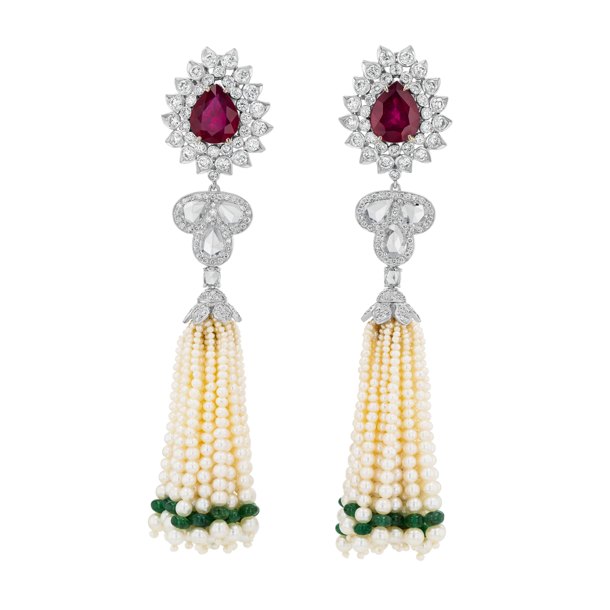 Long Ruby, Diamond and Rose-cut Diamond Pearl Tassel Earrings