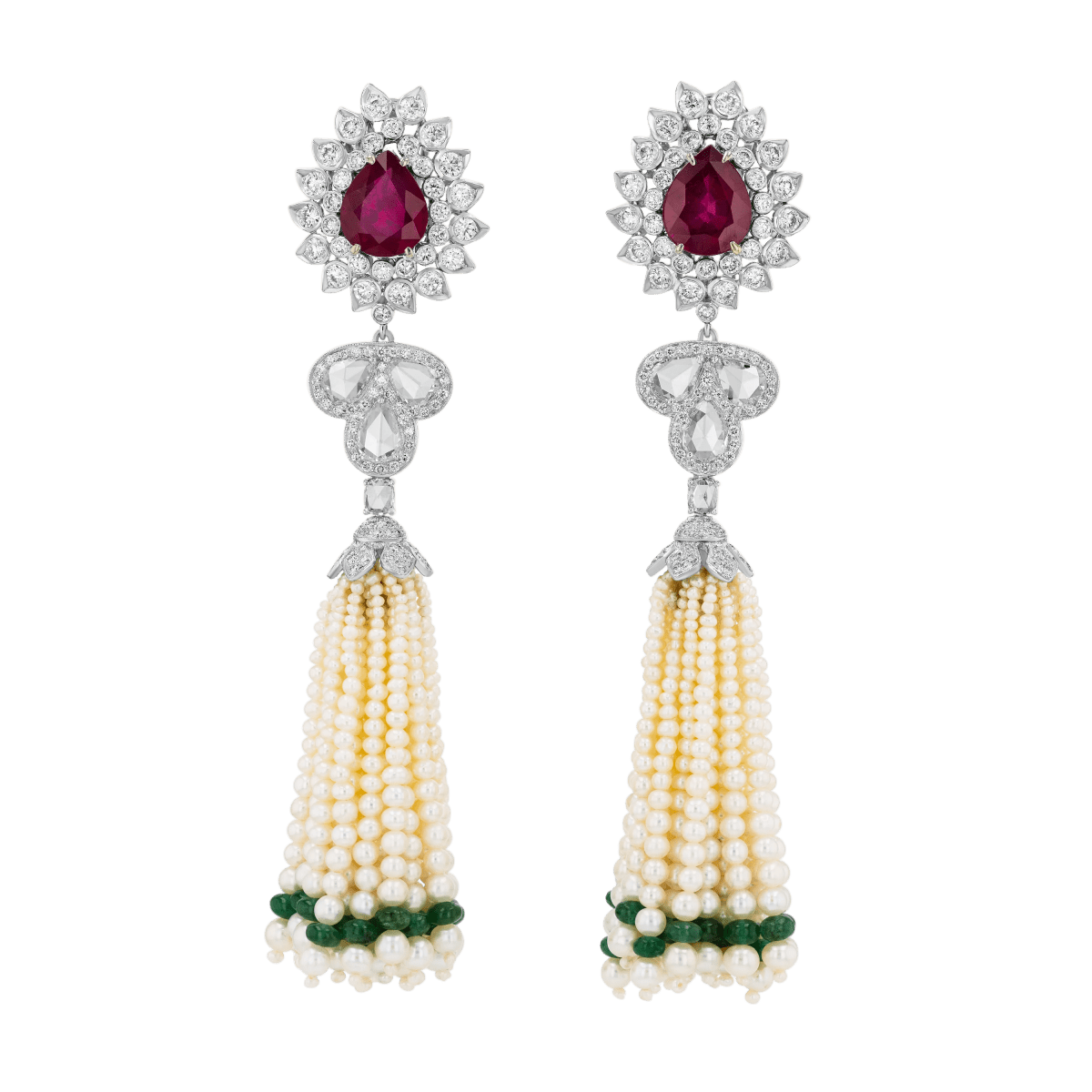 Long Ruby, Diamond and Rose-cut Diamond Pearl Tassel Earrings