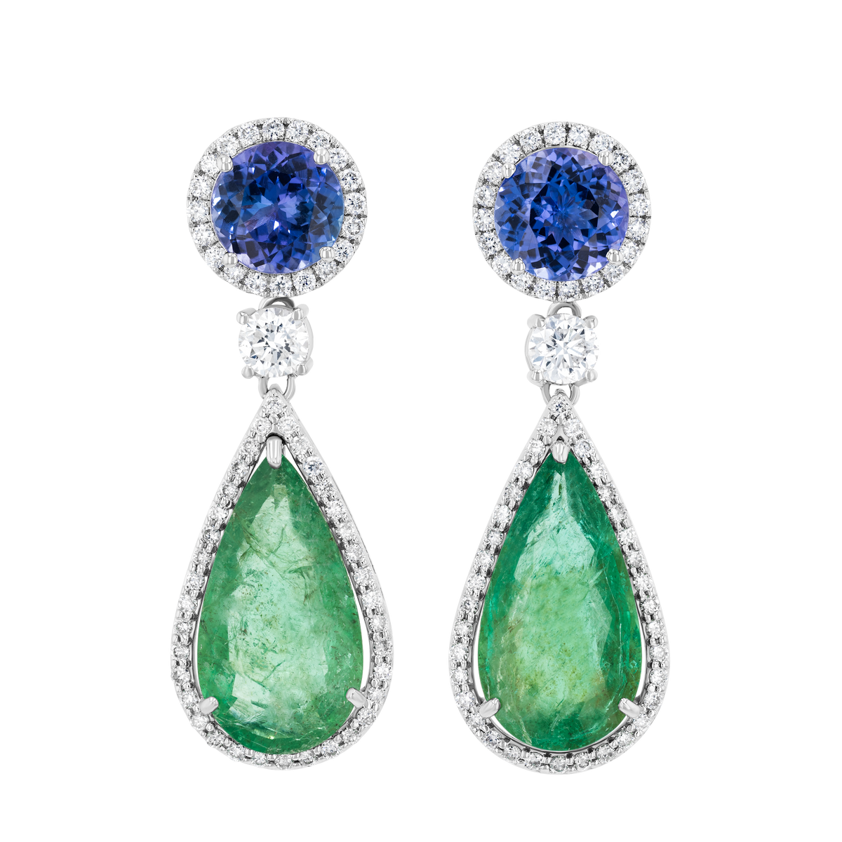 Tanzanite, Emeralds and Diamonds color block Earrings