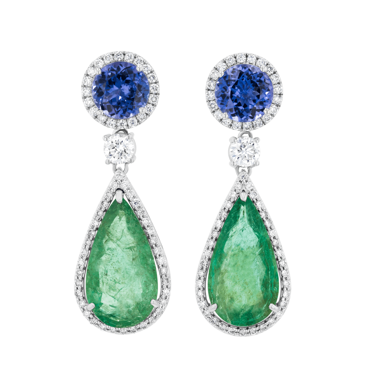 Tanzanite, Emeralds and Diamonds color block Earrings