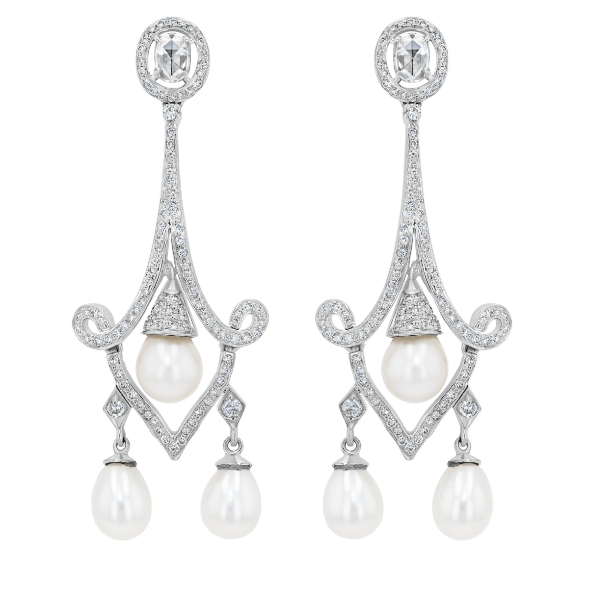 Rose cut Diamonds, Brilliant Diamonds and Pearl long Earrings