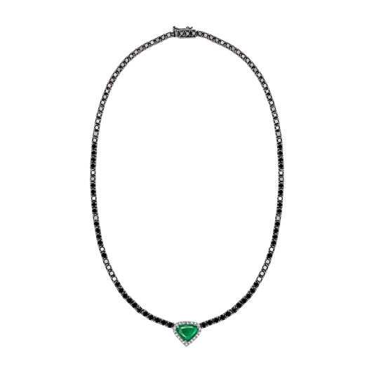 Black Diamond, Emerald Heart shaped Pendant with White Diamonds