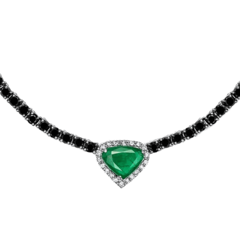 Black Diamond, Emerald Heart shaped Pendant with White Diamonds