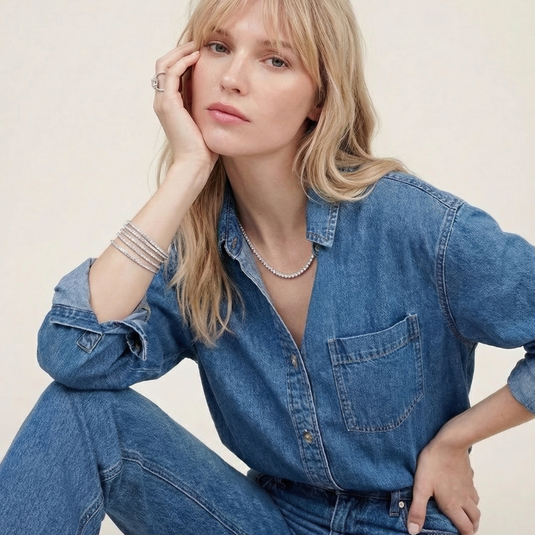 A blonde woman posing in a blue denim button-up shirt and matching blue denim jeans against a light beige studio background.