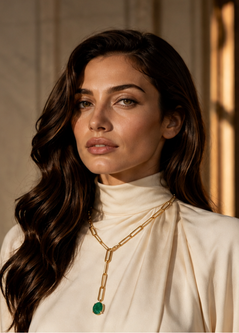 A woman with long, wavy dark brown hair is shown from the chest up, wearing a cream-colored turtleneck top and a gold chain necklace with a green oval pendant. She is photographed in a warm, sunlit indoor setting with classical columns in the background.