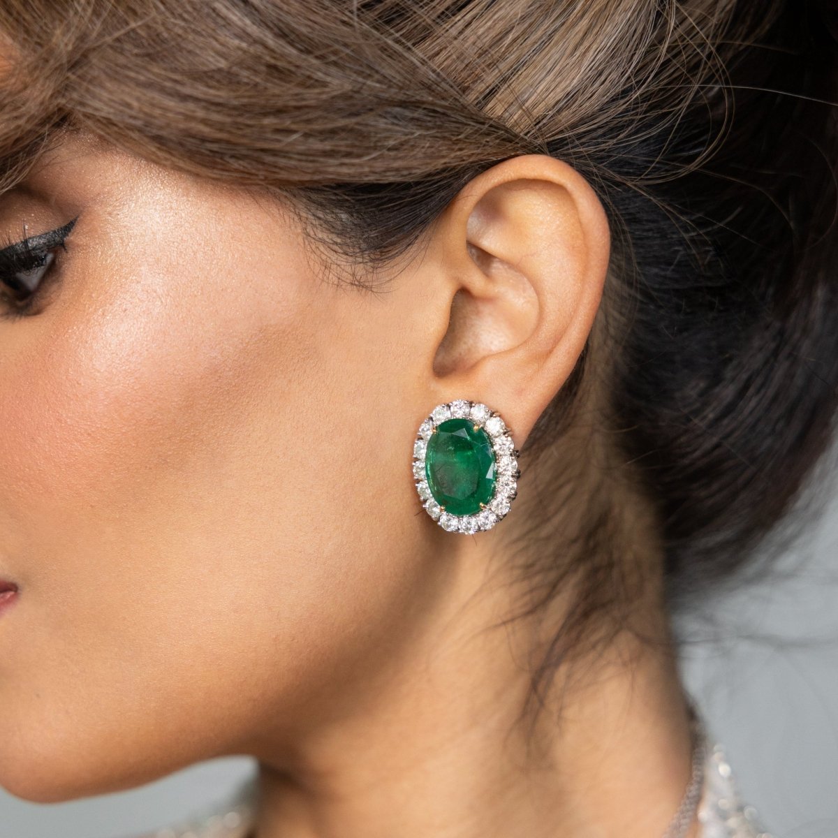 Oval Emerald with Diamonds Top Earrings