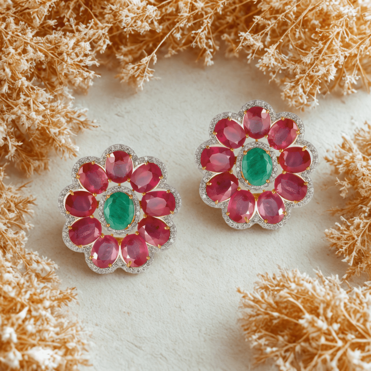 Ruby, Emerald and Diamond Flower Design Earrings