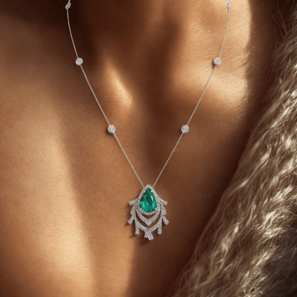 Emerald and Diamond pear pendant with Diamond Chain