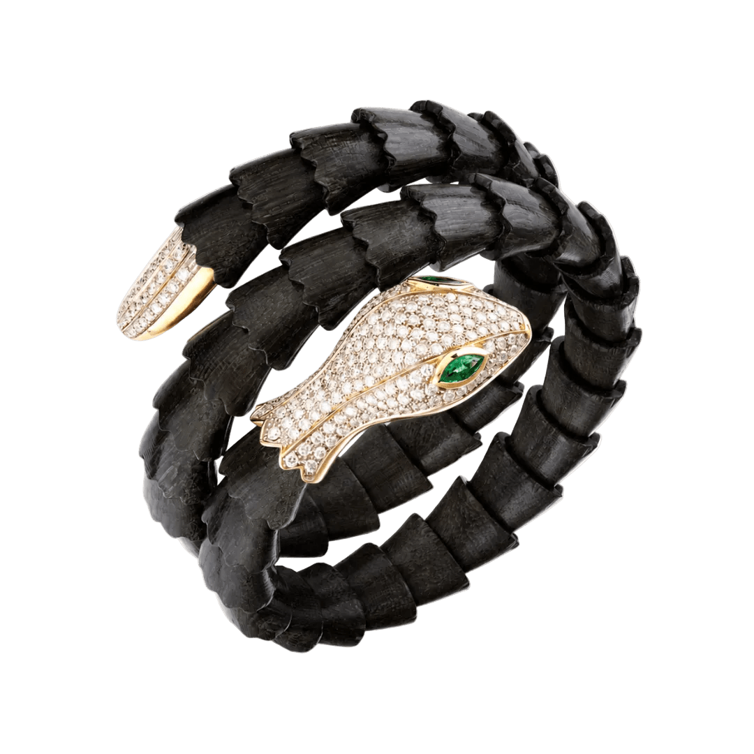 Serpent Bracelet Made in Ebony Wood, Diamonds, and Emeralds