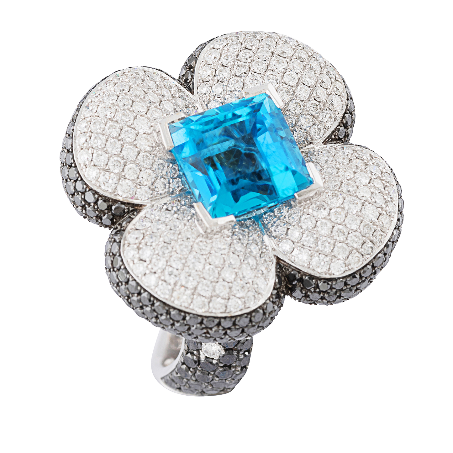 Large Flower Ring with blue topaz, Pave white and black diamond ring