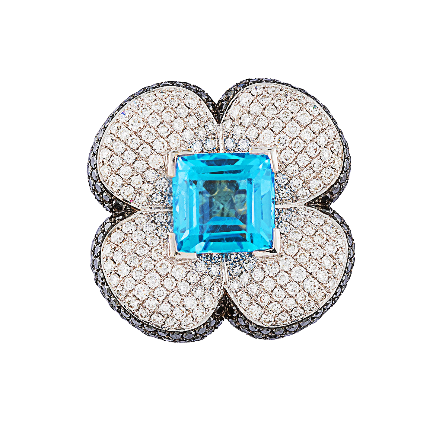Large Flower Ring with blue topaz, Pave white and black diamond ring