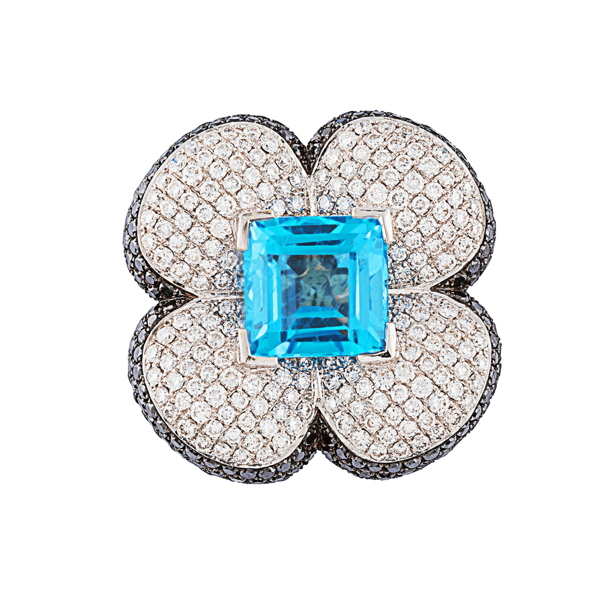 Large Flower Ring with blue topaz, Pave white and black diamond ring