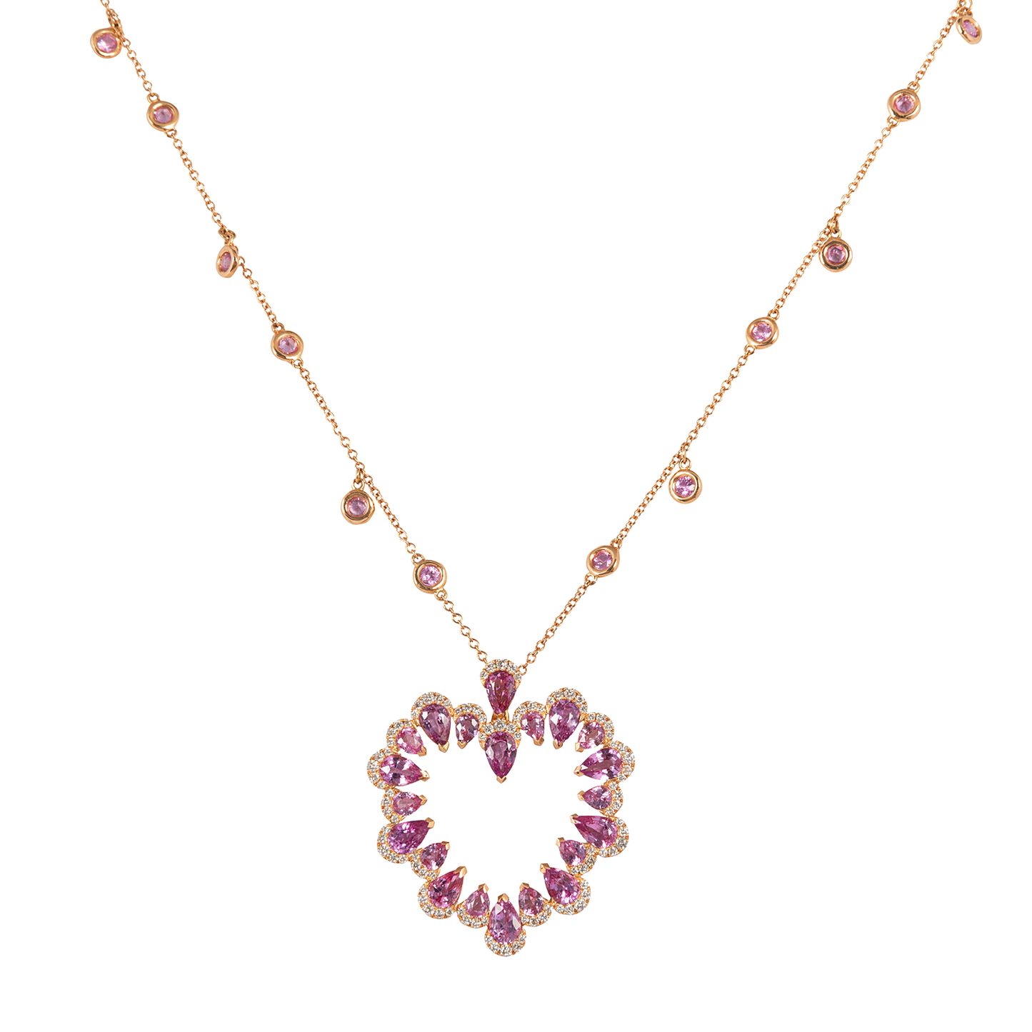 Heart shape pink Sapphire and diamond rose gold pendant chain