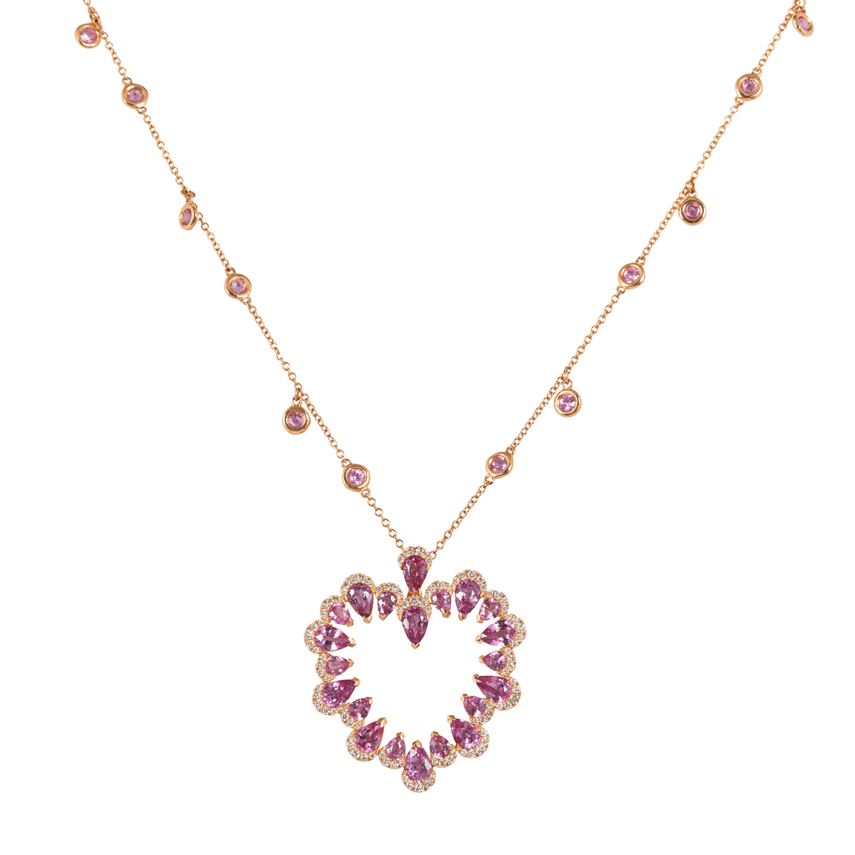 Heart shape pink Sapphire and diamond rose gold pendant chain