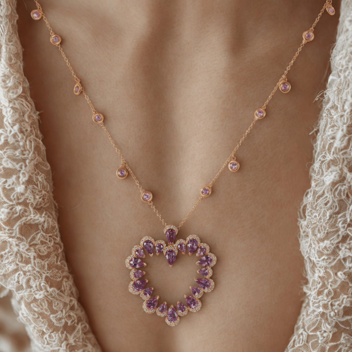 Heart shape pink Sapphire and diamond rose gold pendant chain