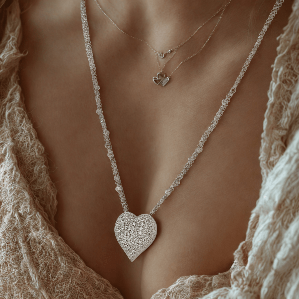 Large heart shaped pave diamond pendant chain