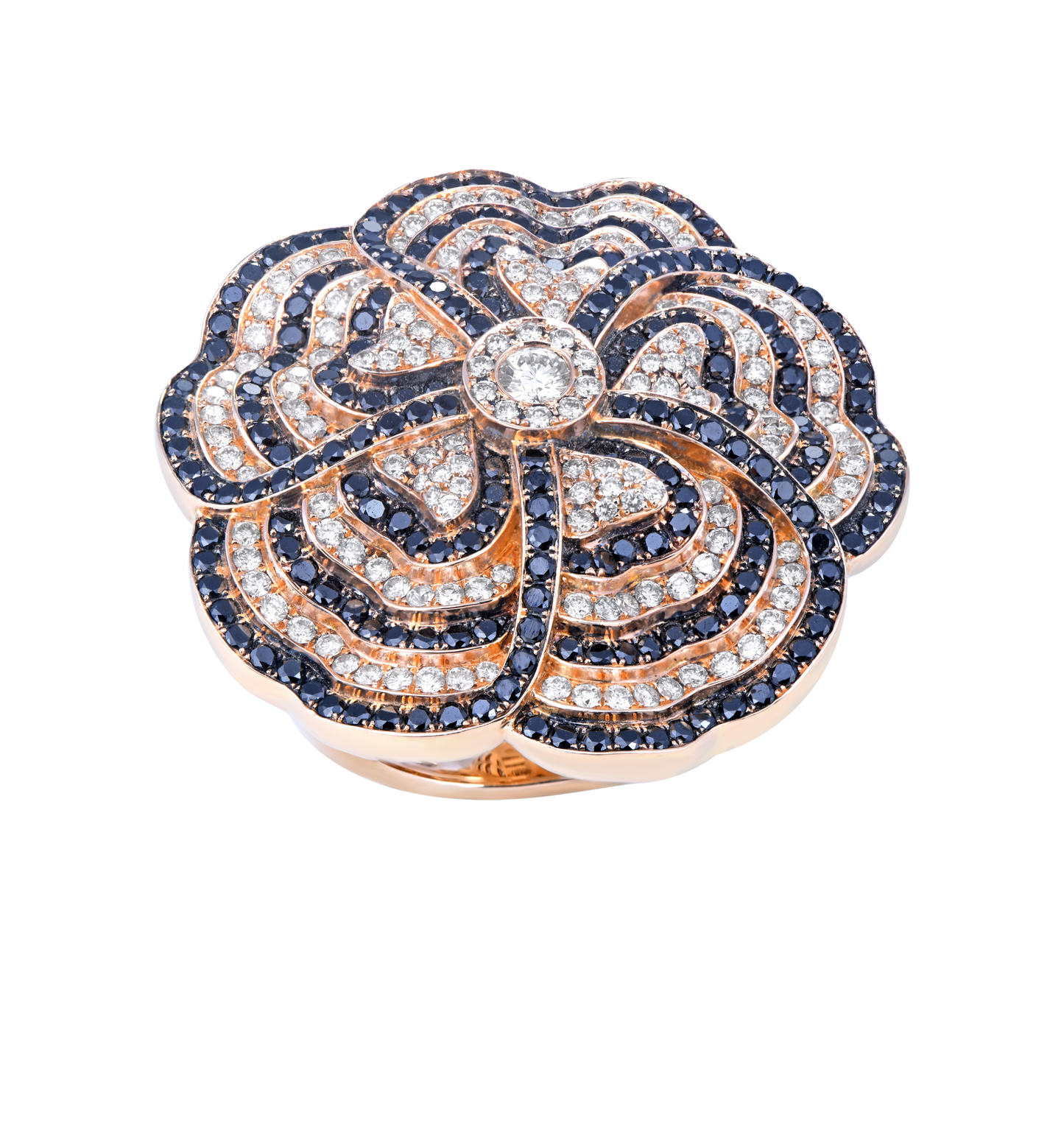 White and black diamond rose gold ring