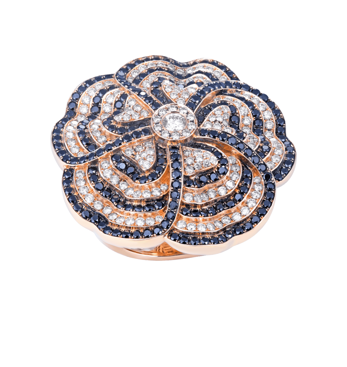 White and black diamond rose gold ring