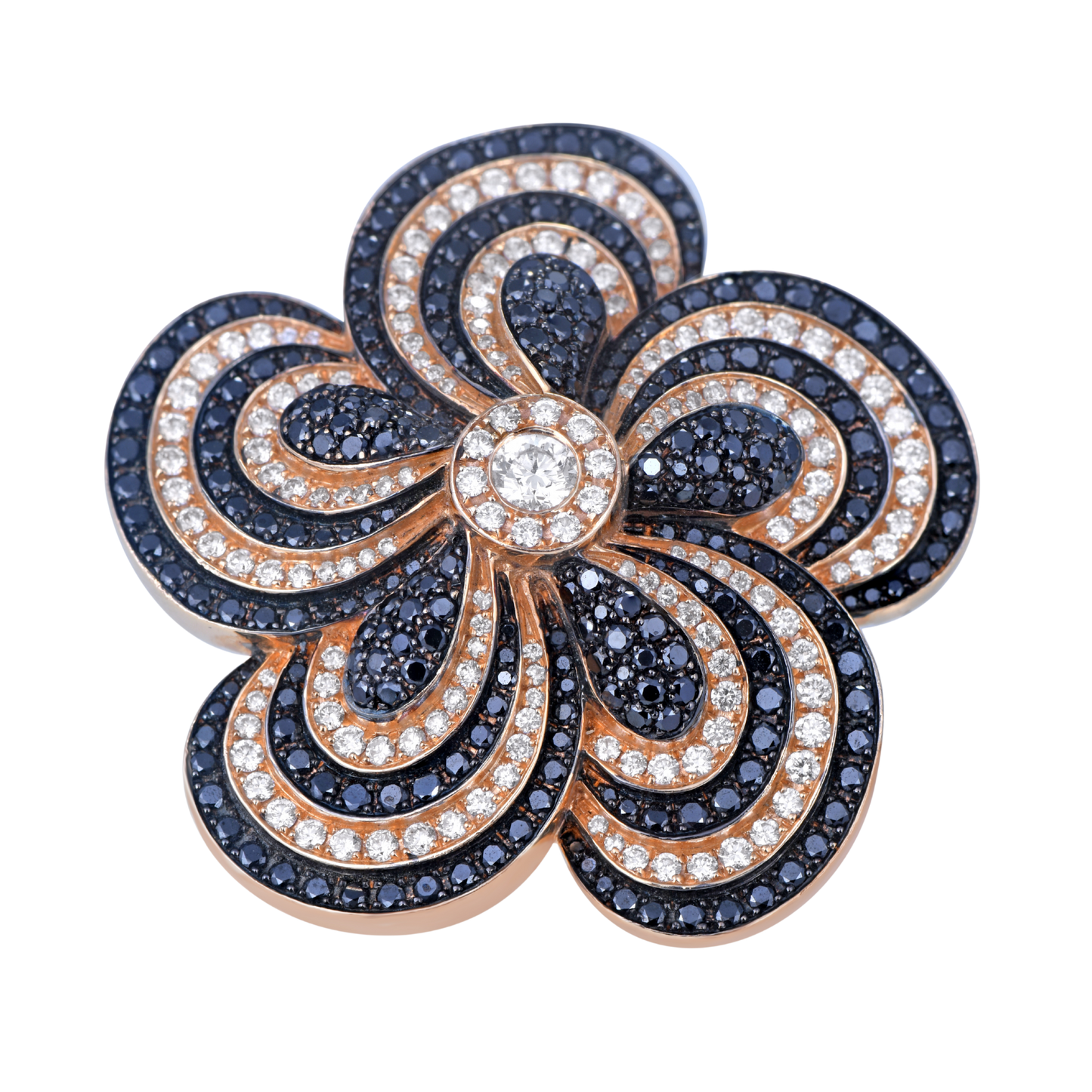 White and black diamond five petal ring