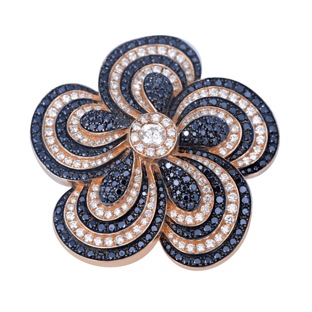 White and black diamond five petal ring
