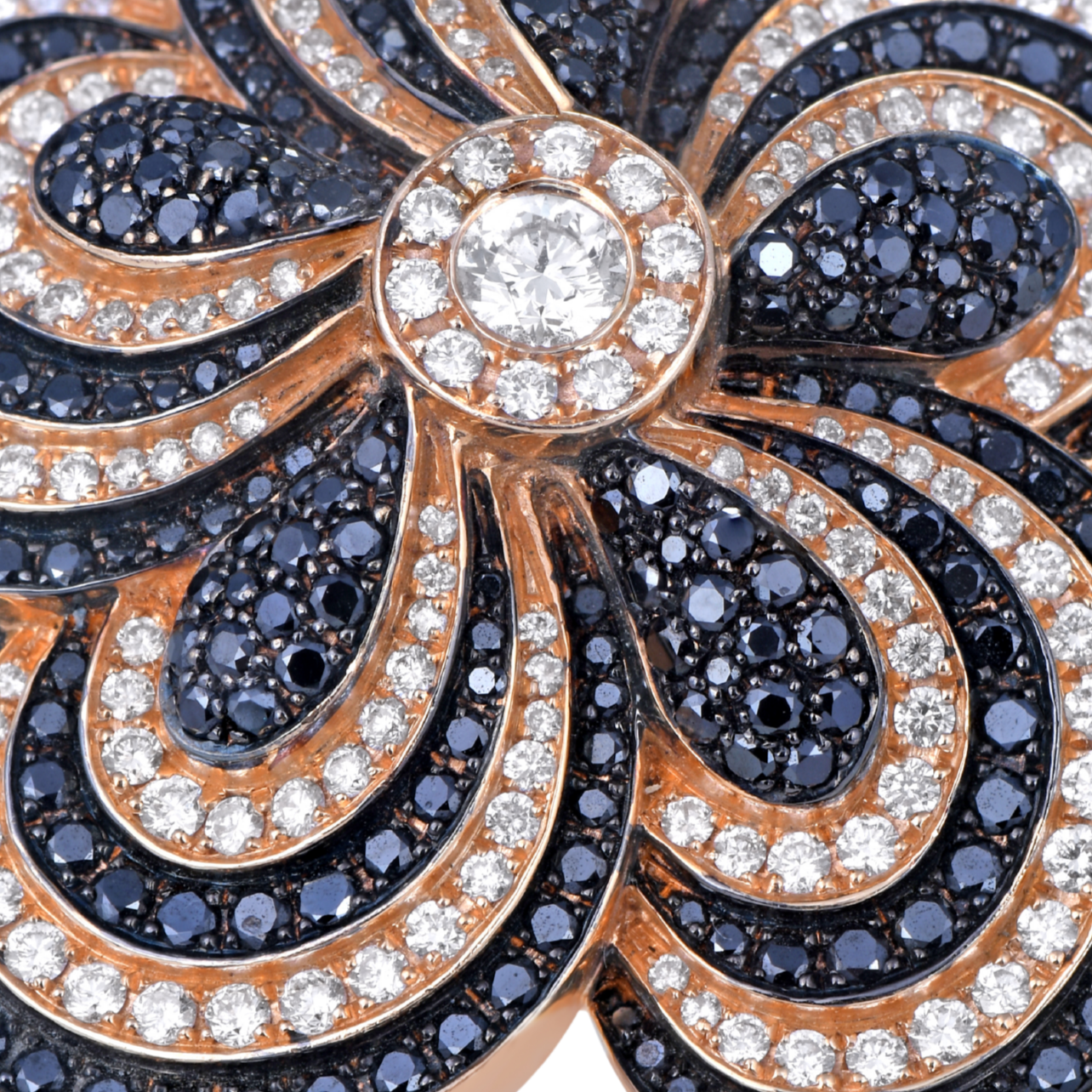 White and black diamond five petal ring