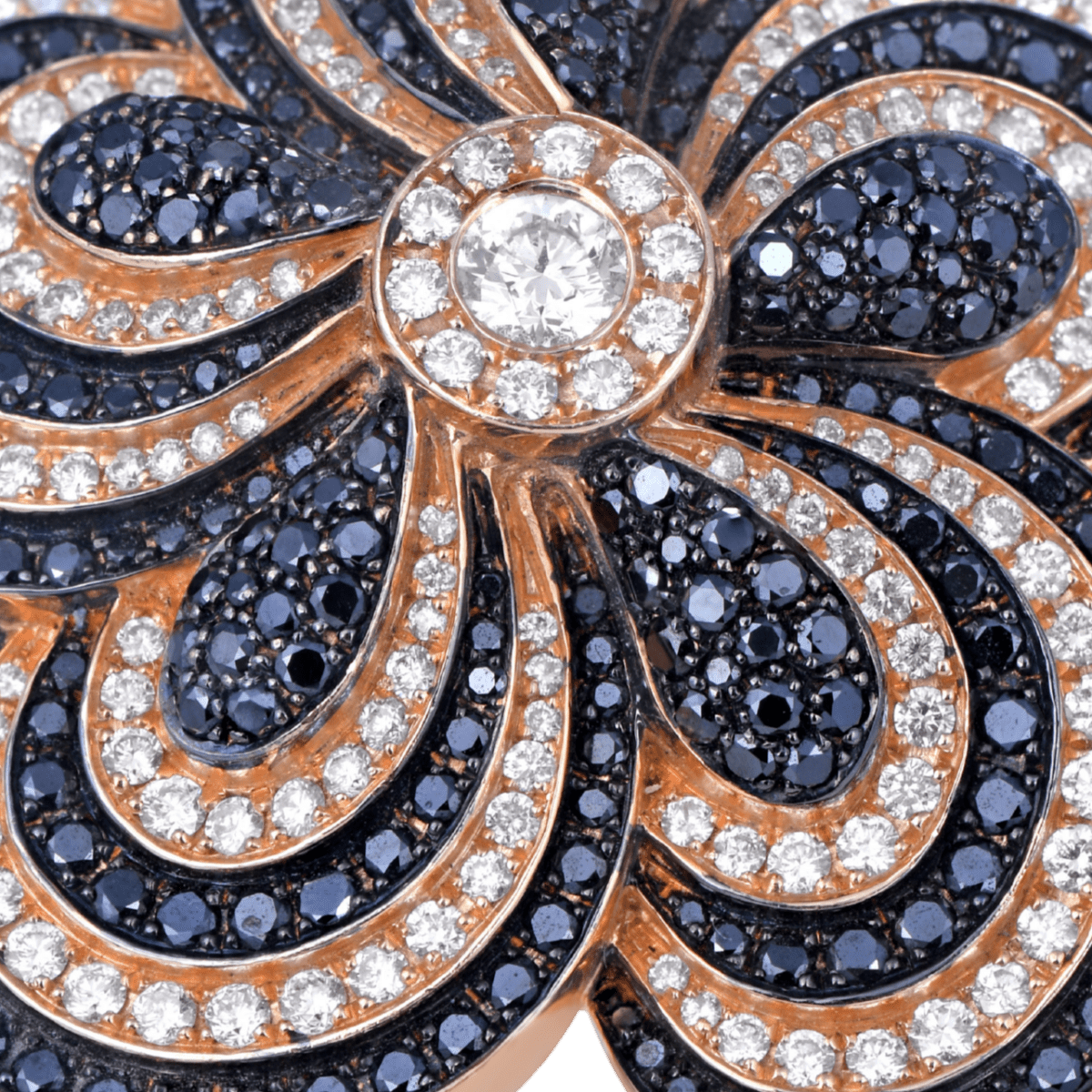 White and black diamond five petal ring