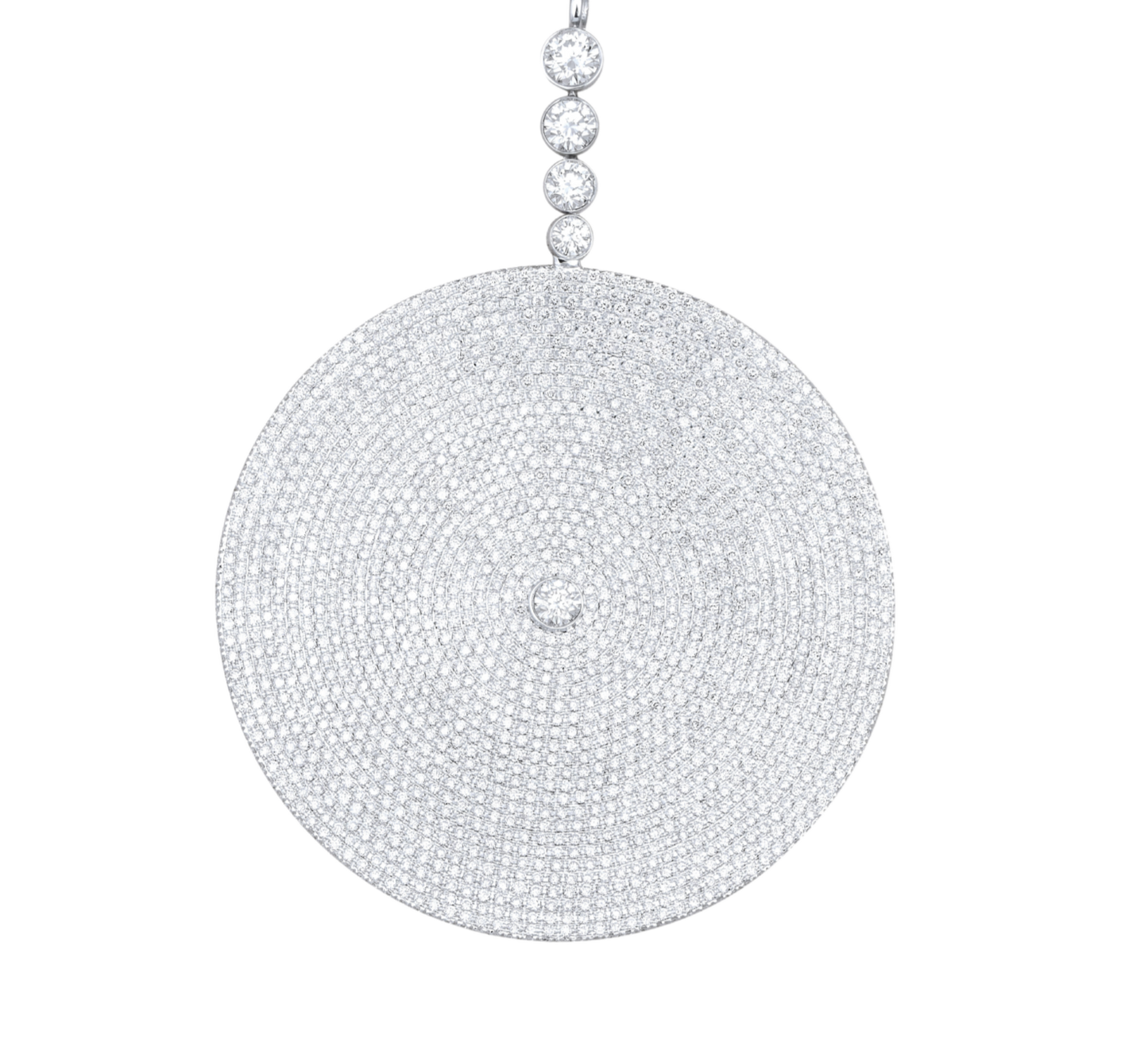 Large circular disc pave diamond pendant on diamond chain