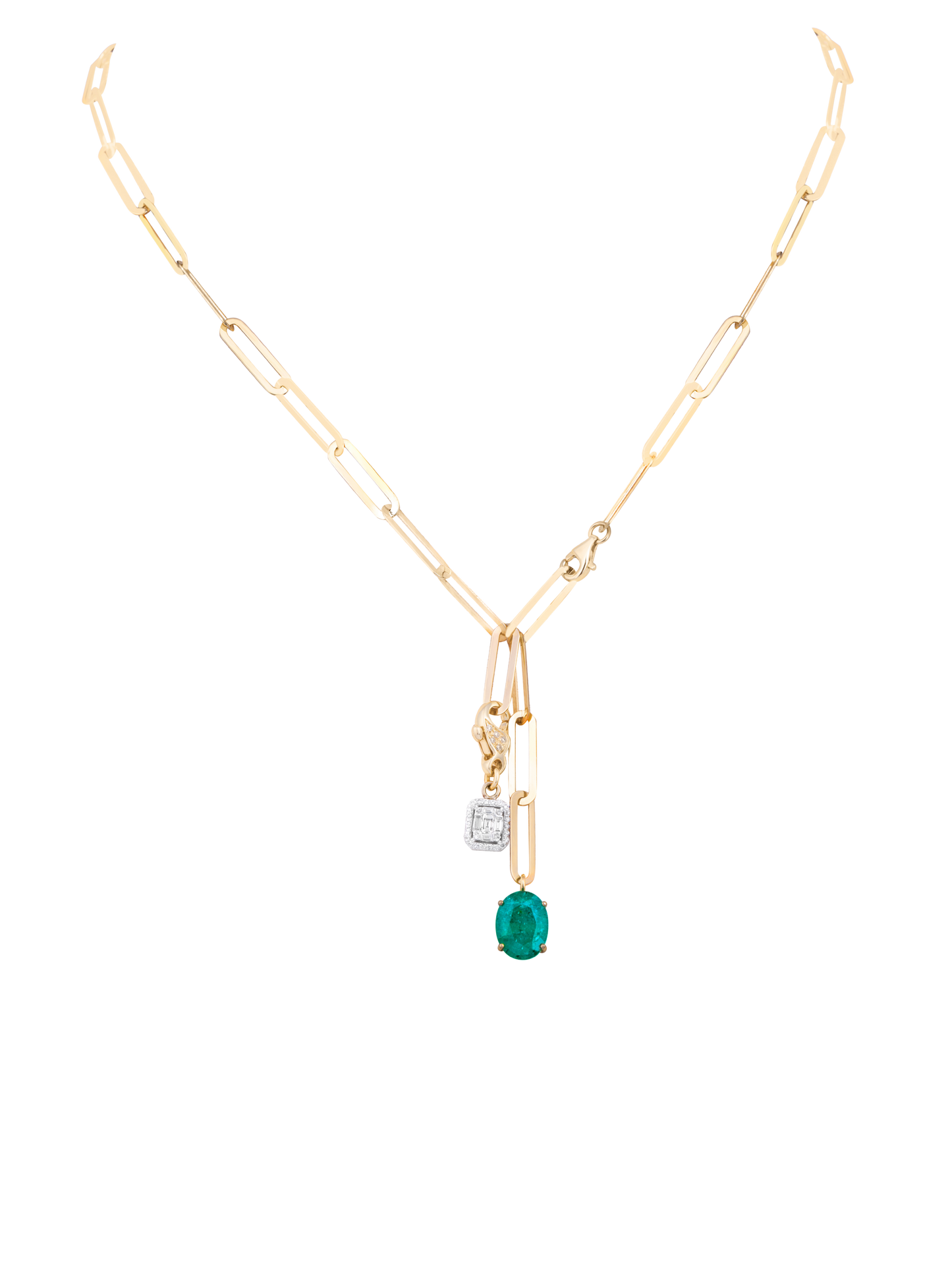 Emerald and diamond pendant on Link chain