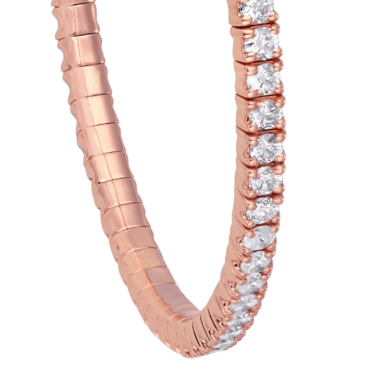 Rose gold bracelet with clear gemstones on a white background