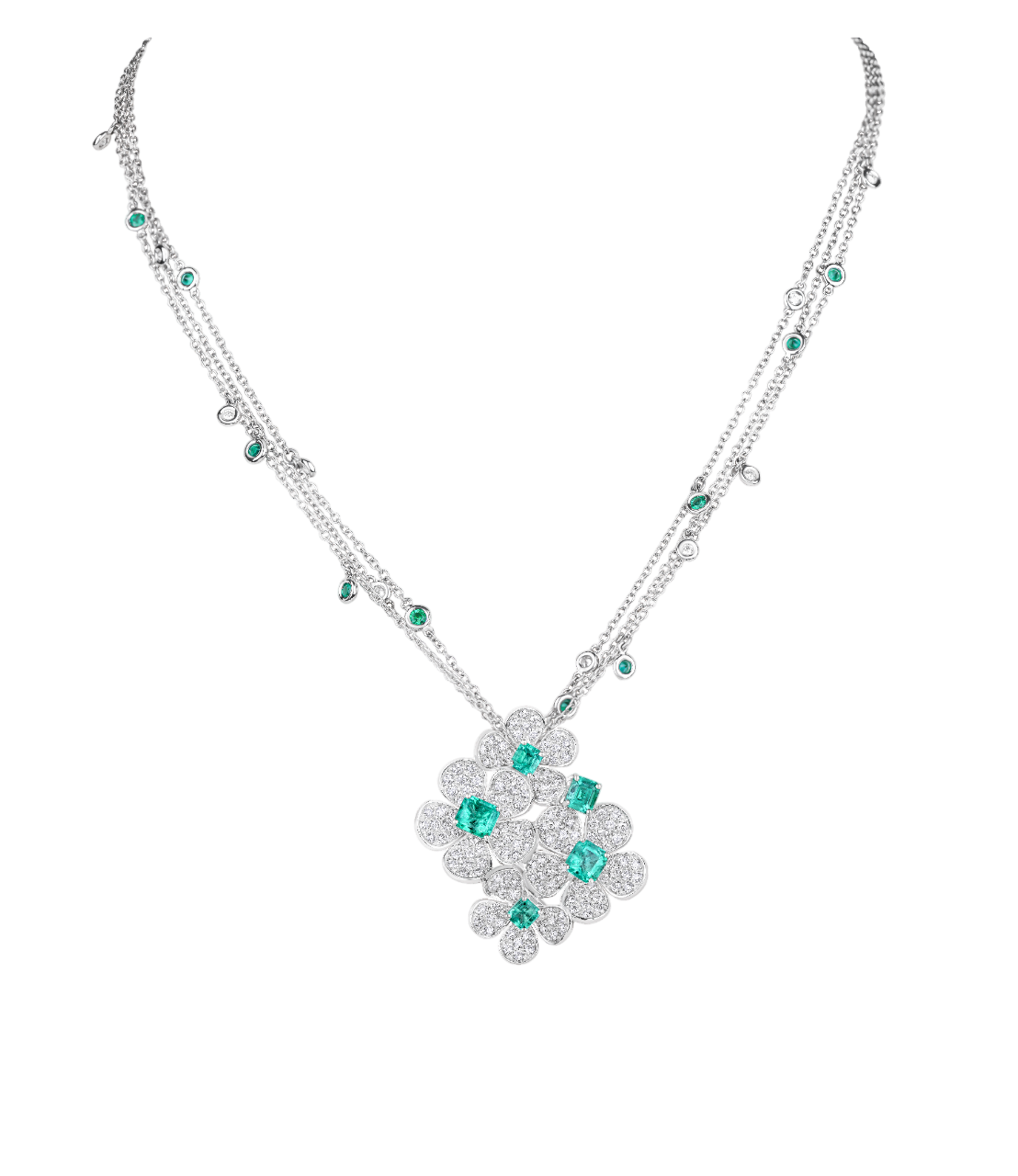 Emerald and Diamond flowers pendant on multiple chains with Diamonds and Emeralds