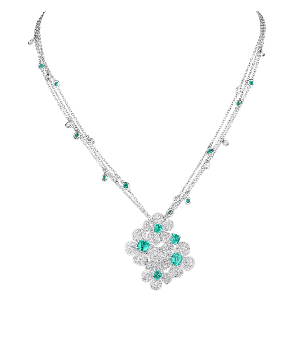 Emerald and diamond multi Flower pendant on Emerald and diamond chain