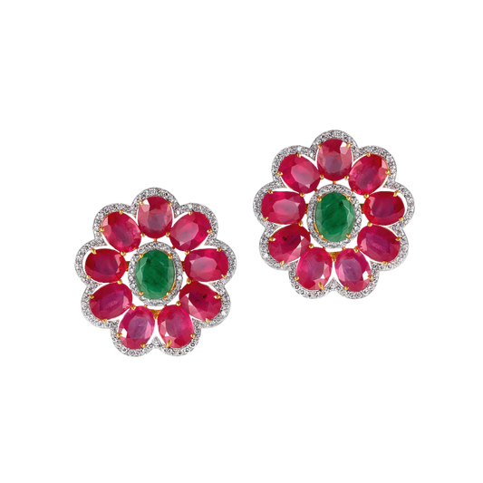Ruby, Emerald and Diamond Flower Design Earrings