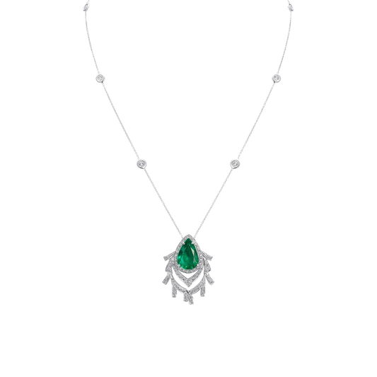 Emerald and Diamond pear pendant with Diamond Chain