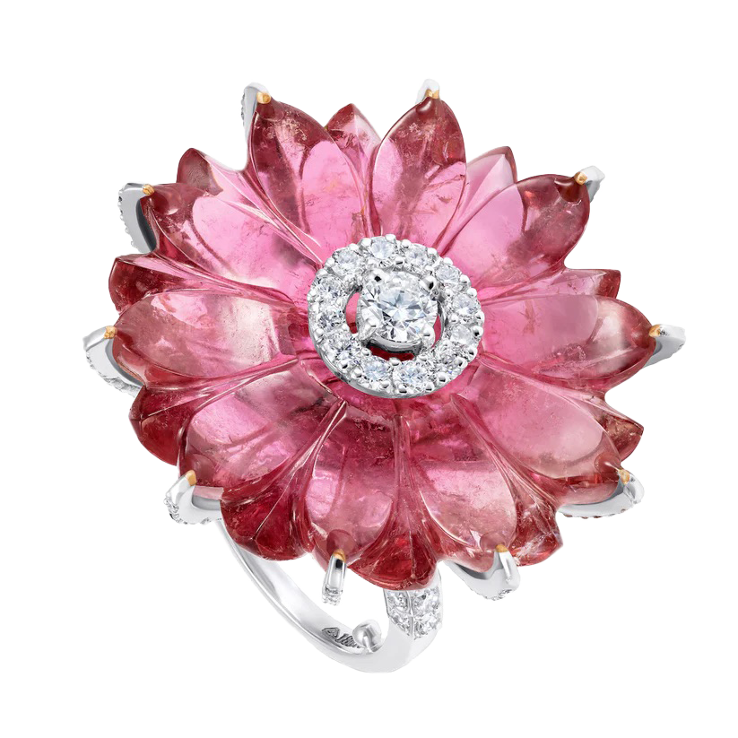 Single Carved Tourmaline Flower ring with Diamonds