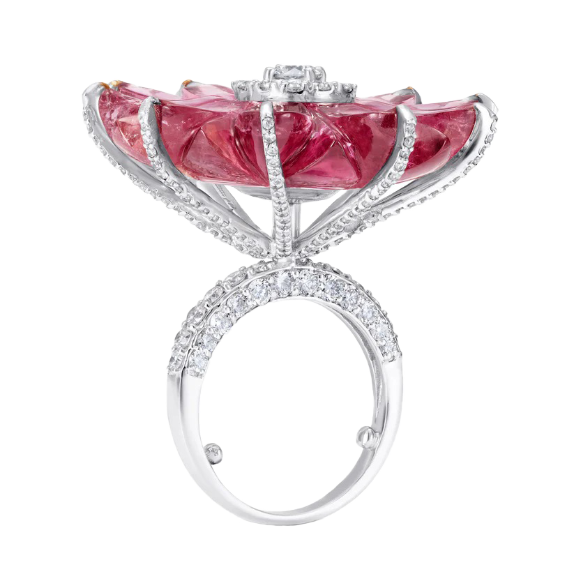 Single Carved Tourmaline Flower ring with Diamonds