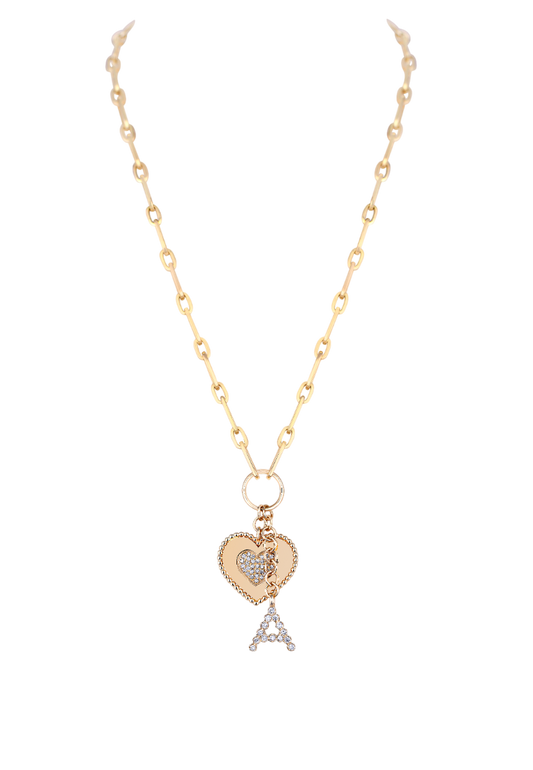 Initial name and heart shaped pendant, on link chain
