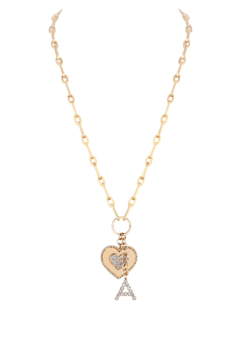 Initial name and heart shaped pendant, on link chain