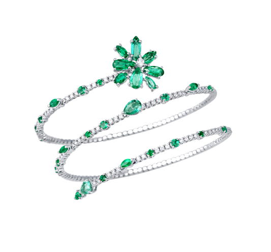Stretchable coil emerald flower and diamond bracelet