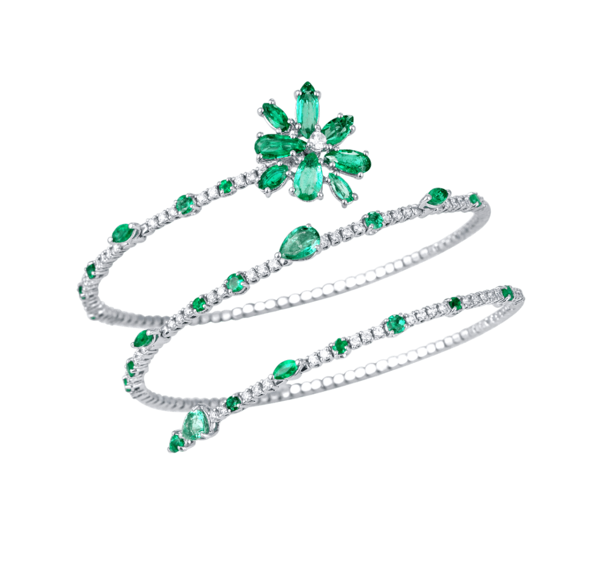 Stretchable coil emerald flower and diamond bracelet