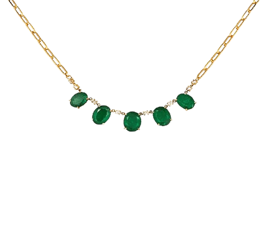 Oval emeralds and diamonds link chain necklace