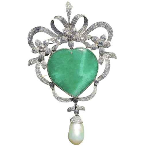 Large Emerald Heart
 Shaped Pendant and Brooch with
 Diamond and Pearl